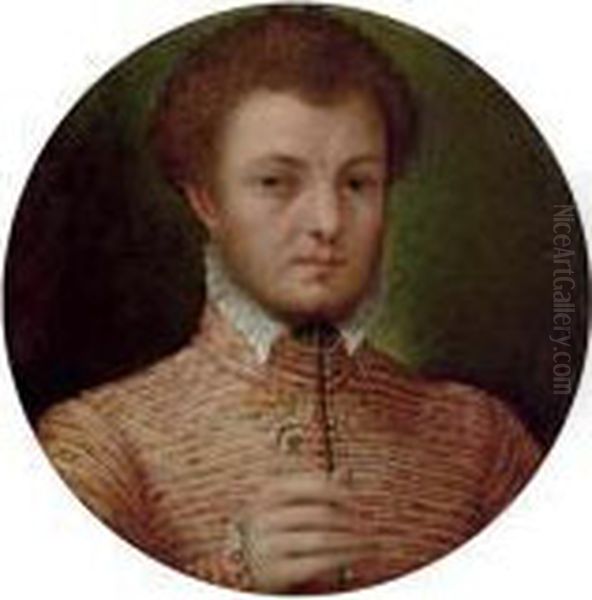 Portrait Of A Gentleman,
Bust-length, In A Red And Yellow Brocade Jacket, With A Lace Collar - view 1