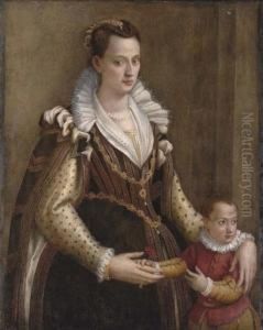 Portrait Of A Lady With A Child,
Traditionally Identified As Eleonora De' Medici, Duchess Of Mantua
(1567-1611) With Her Son Francesco Iv (1586-1612), Three-quarter-length,
She Wearing A Corseted Dress With A White Collar, He Holding A Red
Carnati by Lavinia Fontana