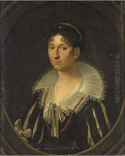 A Portrait Of A Lady, Half 
Length, Wearing A Black Dress With An Elaborate White Lace Collar, In A 
Painted Oval - view 1