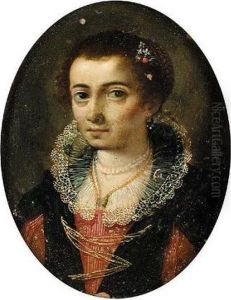 Portrait Of A Lady, Head And 
Shoulders, Wearing An Elaborate Ruff And A Red Embroidered Dress