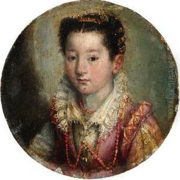Portrait Of A Girl, Bust-length,
In A Pink And White Embroidereddress, Wearing A Coral Necklace - view 1