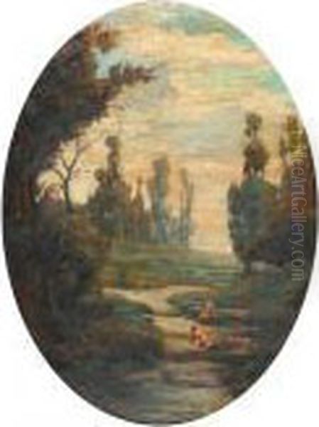 Badende In Einer Bewaldeten Flusslandschaft. - view 1