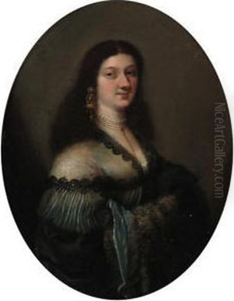 Portriat Of A Lady, Half-length,
 In A Blue Satin Dress With A Furmuff; And Portrait Of A Lady, 
Half-length, In A Grey Dress With Alace Collar - view 1