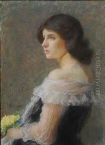 Portrait Of A Young Lady Holding A Bunch Of Primroses.