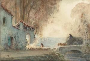Paysage Avec Une Charette 
Chargee De Foin Traversant Un Pont, Un Troupeau De Mouton Avec Un Berger
 A Gauche by Henri Foreau