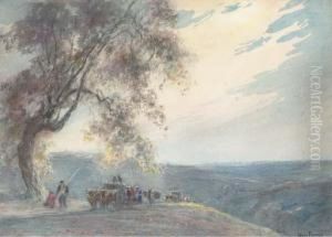 Paysage Montagneux Avec Des Voyageurs Au Premier Plan Pres D'un Arbre Paysage Montagneux Avec Des Voyageurs Au Premier Plan Pres D'un Arbre