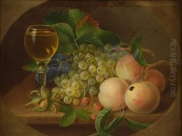 Stilleben Mit Pfirsichen, Trauben, Haselnussen, Insekten Undweinglas. - view 1
