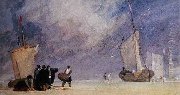 Figures of the Shore Unloading a Boat at Low Tide - view 1
