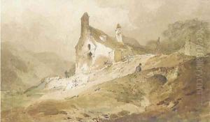 A figure on a bridge below cottages, Wales by John Sell Cotman