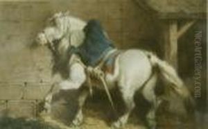 French Watercolour Horse In A Stable Signed 11.75 X 18.5in