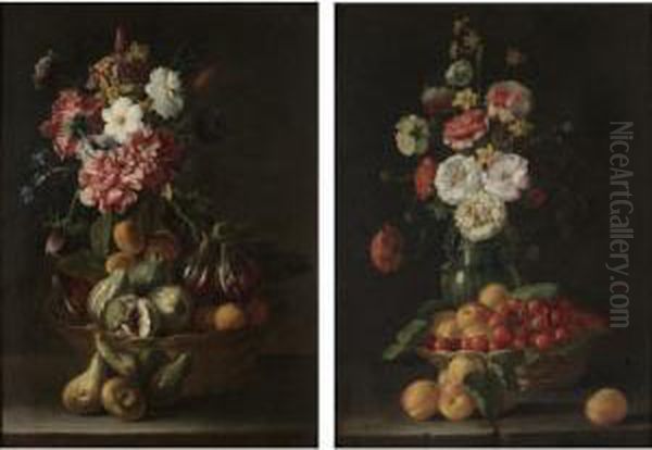Still Life With A Basket Of Figs
And Plums Together With A Bouquet Of Flowers;still Life With A Basket
Of Peaches And Cherries Together With A Bouquet Of Flowers In An
Earthenware Vase by Luca Forte