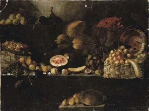A Basket Of Apples, Calabashes, 
An Upturned Copper Vessel, Figs, Melons, With Other Fruit On Rocky 
Ledges