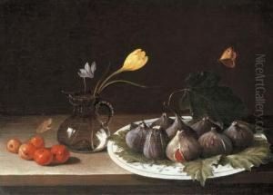 A Vase With A Crocus And A
Cyclamen, Figs In A Porcelain Dish Andcrab Apples On A Stone Ledge, With
A Butterfly by Luca Forte