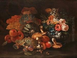 Mushrooms, Plums, Peaches, 
Grapes And Other Fruit In A Landscape With A Silver Gilt Vase Of 
Narcissi, Roses, Delphiniums And Other Flowers