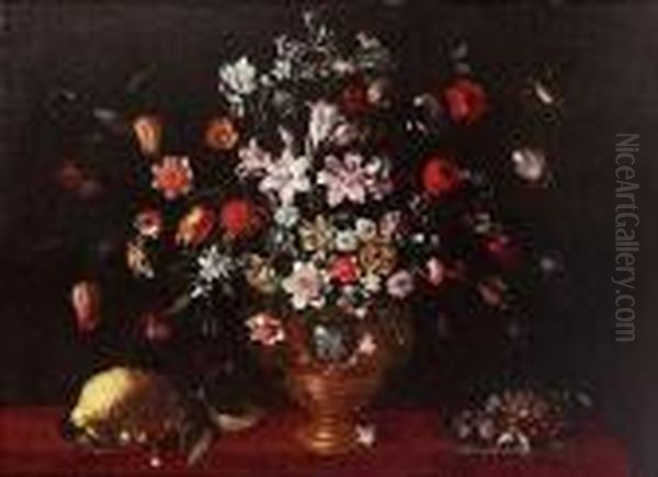 Tulips, Carnations, Lilies,
Narcissi And Other Flowers In An Urn On A Draped Table With Plums,
Cherries, Cobb Nuts And Fraises-du-bois On A Salver And A Lemon With
Cherries On A Salver With Two Butterflies And A Finch - view 1