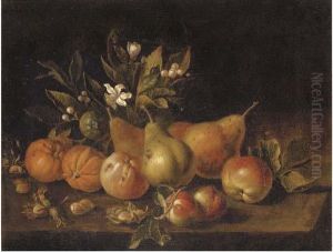Pears, Apples, Oranges And Nuts On A Ledge by Luca Forte