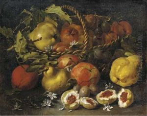 A Pear, Apples And Plums In A Woven Basket, With Figs, Jasmine, Pears And Plums Below