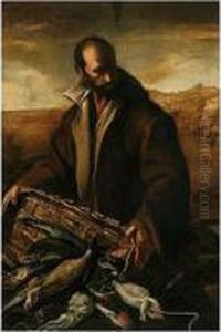 A Still Life With A Fisherman, 
Three-quarter Length Standing, Pouring His Catch From A Basket