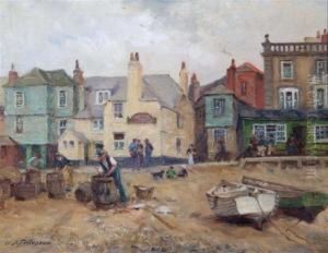 St Ives Harbour With Beached Rowing Boats And Fisher Folk by William Banks Fortescue