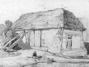 East Winch, Norfolk; a man and a dog by a river with a barn beyond by John Sell Cotman