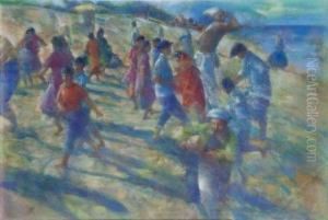 Scene Animee Sur La Plage by Louis Fortuney