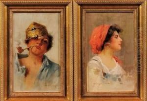 Paire De Portraits D'une Gitane Et D'un Fumeur De Pipe by Mariano Fortuny Y Madrazo