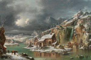 A Winter Landscape With Travellers By A River