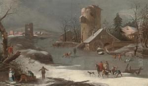 A Winter Landscape With Skaters On A Frozen River And A Townbeyond
