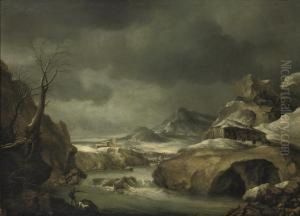 A Mountainous Winter Landscape With A Traveller Arriving At A Cottage by Francesco Foschi