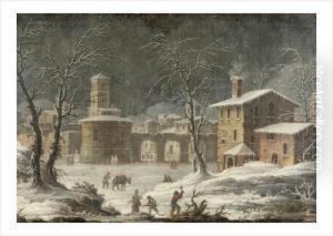 Bucherons Sous La Neige Pres D'un Village