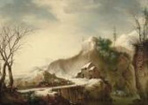 Paesaggio Innevato Con Viaggiatori Che Attraversano Il Ponte
