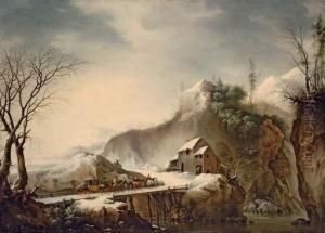 A Mountainous Winter Landscape With Travellers On Horseback Crossing A Bridge