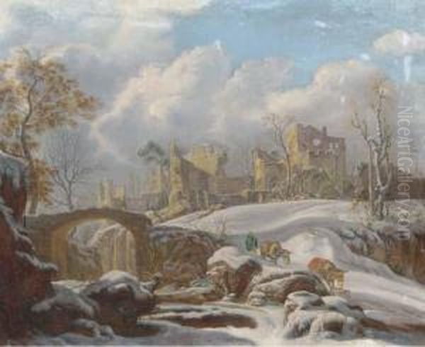 A Winter Landscape With A Peasant And His Mules By A Frozen Stream,ruins In The Distance - view 1