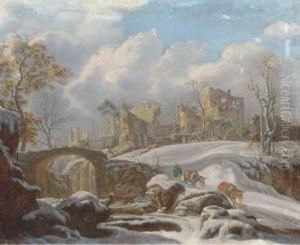 A Winter Landscape With A Peasant And His Mules By A Frozen Stream,ruins In The Distance