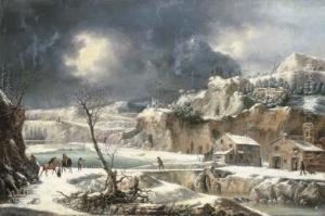 A Winter Landscape With Travellers On Horseback By A River