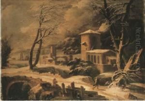 A Mountainous Winter Landscape With Peasants By Farmhouses