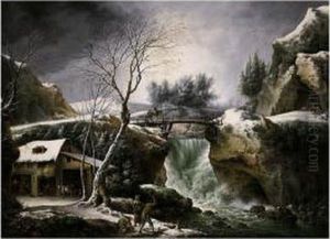 A Winter Landscape With A Waterfall And Peasants Chopping Wood