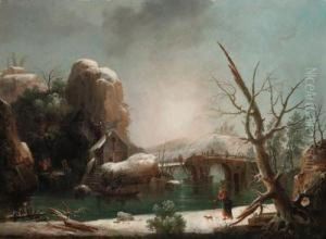 A Mountainous Winter Landscape With Peasants On A Barge