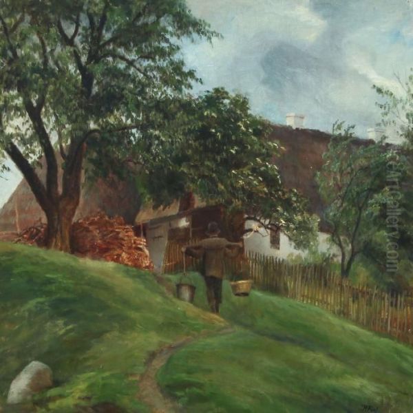 Man Carrying A Yoke At Afarm - view 1