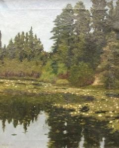 A Wooded Landscape With Waterlilies In A Pond In The Foreground