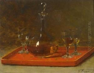Nature Morte Avec Carafe Et Trois Verres Sur Plateau. by Guillaume-Romain Fouace