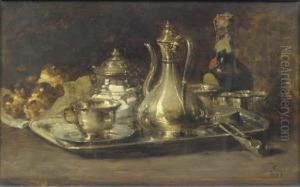 A Silver Tete A Tete, A Bottle And Brioches On A Table by Guillaume-Romain Fouace