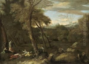 Nymphen In Einer Landschaft by Jacques Fouquieres