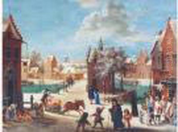 Place De Village En Hiver Animee De Nombreux Personnages - view 1