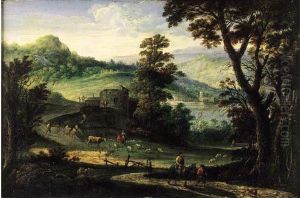 Paysage Avec Des Chasseurs Aupres D'un Cours D'eau