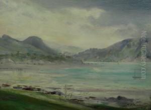 Beach / Coastal Scene With Boat And Mountains by Robert Fowler