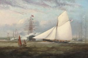 The Cutter 
Brunette
 Racing In Osborne Bay, The Royal Yachtbeyond, With Warships Saluting Her As She Passes