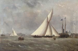 A Big Cutter Approaching The Turning Mark With The Crowded Club Steamer Beyond by Arthur Wellington Fowles