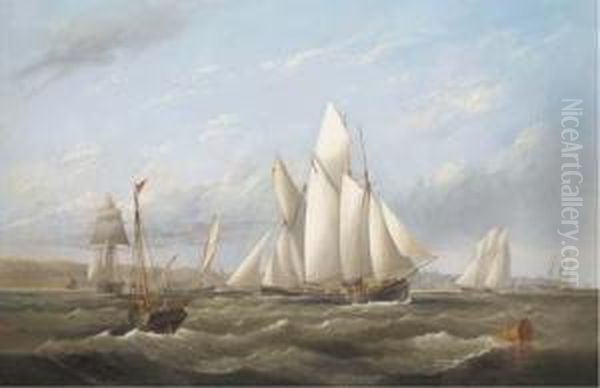 Vying For The Start - A Melee Of
Big Cutters In Osborne Bay, With The Royal Yacht Alberta Heading For
The Pier Below Osborne House - view 1
