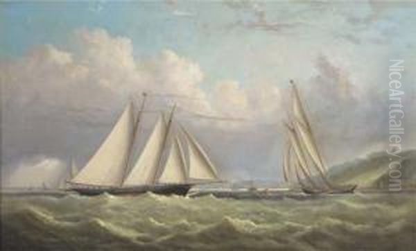 Racing Schooners Rounding The
Turning Mark In Osborne Bay With Norris Castle Above And Ryde - view 1